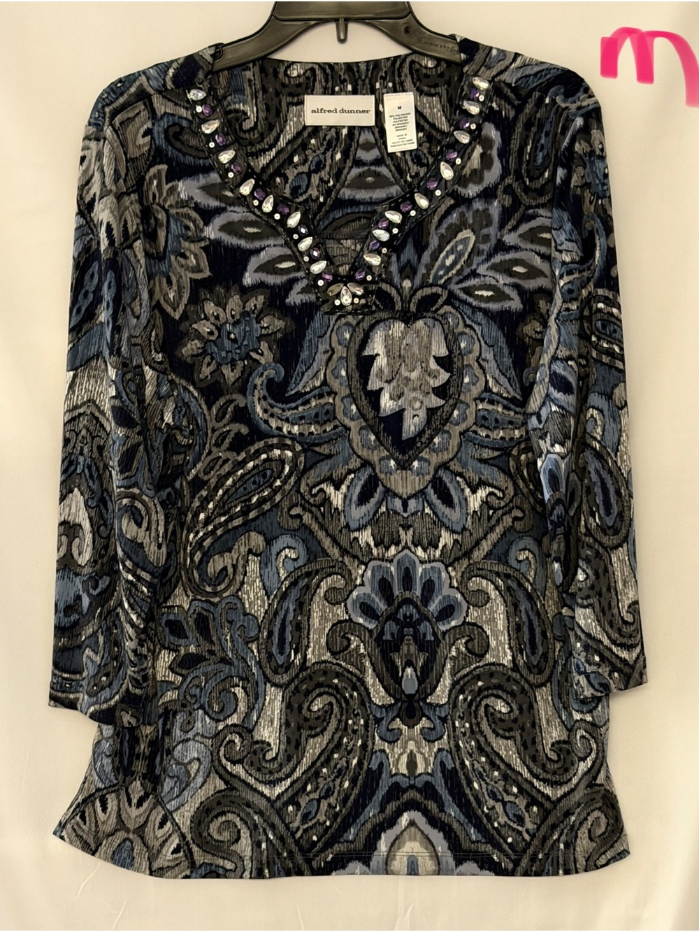 Alfred Dunner Blue and Gray Paisley V-Neck Top with Jewel Trim